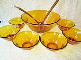Indiana Glass Golden Amber Salad Bowls Set Vintage 9 Piece w Fork & Spoon Home Kitchen Dining Serving Set 10" bowl 5" bowls #7764  Housewarming Christmas Gift.  This is a beautiful vintage set from Indiana Glass. It is a 9 piece set which in