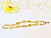 Gold & Amber Glass Bracelet Vintage New Metal Honeycomb Links Chain Amber Cabochons