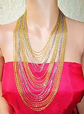 Multi Chain Cascade Necklace Vintage Gold & Silver Metal Adjustable Length High Fashion Costume Jewelry