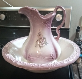 Vintage Original Ceramic Ironstone Wash Basin and Pitcher-Pink w/Floral Design.