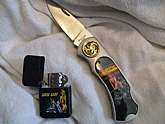 Collectable knife with lighter. Lighter will need fluid. Carrying container does have scratches on front cover.