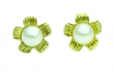 New 14K Solid Yellow Gold 3mm Pearls On Flower Stud Earrings Large Screw Back
