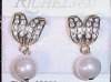 Vintage RICHELIEU Pierced Pave Leaf and Faux Pearl Dangling Earrings