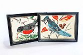 Framed pair of bird art prints on linen cloth.