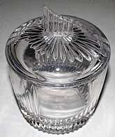 Up for sale is this Mikasa Staccato Crystal Art Deco Style Covered Bowl in excellent condition with no chips or cracks. The bowl is 4 7/8" T by 5 1/4"W without the lid. I like this piece which can be used as an ice cube holder as well. This woul