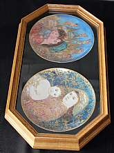 Up for sale are these Edna Hibel Studio Plates In A Double Oak Bards Plate Frame. Included, one 9 1/4" And Unto Us a Child Is Born Plate number 1149, one 9 1/4" Holiday Joy Plate number 5797 and one Bard's Oak Double Plate Frame that measures ap