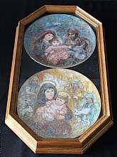 Up for sale are these Knowles Edna Hibel Plates In A Double Oak Bards Plate Frame. Included, one 10" The Flight Into Egypt Plate number 1633D, one 10" The Adoration of The Shepherds Plate number 3568C and one Bard's Oak Double Plate Frame that m