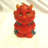 VTG 80'S RUSS CANDLE, NAUGHTY DEVIL
RED WITH BLUE CAPE, CUTE FACE W/IMPISH GRIN