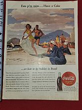 1945 Coca-Cola original print advertisement - U.S. Navy soldiers relaxing on a Copacabana beach with beauties