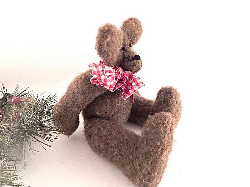 Teddy Bear Brown Fleece Stuffed Animal Red Heart Plaid Bow 11 Jointed Hand Crafted Holiday Vintage Christmas Valentines Day Home Decor