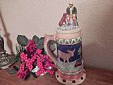 Beautifully hand-painted ceramic stein, Impressively sized bar decor, vintage 1970s folk art breweriana.