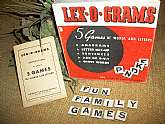 Lex-O-Grams Word Gam, Vintage 1949 , five games of words and letters for 2 to 6 people. Anagrams, Letter Mix-Up, Sentences, Add or O-U-T, and Cross Words.