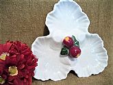 Three-compartment serving tray with red apple centerpiece. Vintage 1950s California Pottery tableware.