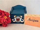 Recipe card file box. Blue wood with duck motif. Vintage 1970s country farmhouse kitchen.