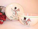 Ceramic bowl and saucer Let it Snow snowman toasting with champagne design by Mary Kobar.  