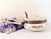 Silent Butler Crumb Catcher Vintage 1950s ISCO Japanese Decorated Porcelain Hand Painted Covered Dish with Handle,  Hollywood Regency Style Formal Table Accessory; Silent Butler Crumb Catcher
