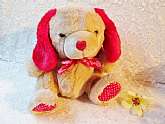 Plush Dog Toy Vintage Stuffed Furry Animal Doll Toy Tan Red Silk Bow Roses Heart Nose Valentine Love Gift Nursery Child Room Decor Gift. This is a vintage plush furry stuffed dog animal toy. He is unused and 9" tall and 21" around. He has a red