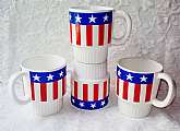 Stars & Stripes USA Coffee Mugs Set Vintage New American Flag Ceramic 4 Stackable 7 oz Patriotic Cups Japan Kitchen Serve Drink Home Decor. This is a beautiful set of New Stars & Stripes Ceramic Stackable 7oz Coffee Mugs Vintage  Drinkware USA Ame