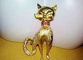 Vintage Kitty Cat Figural Brooch Pin gold brushed metal Red Rhinestone Collar