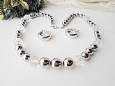Sparkling Silver Metal & Clear Beads Necklace Earrings Set Vintage Demi Parure Costume Jewelry
