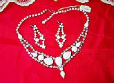 Juliana White Milk Glass & Rhinestone Bridal Choker Necklace & Earrings Set Vintage Demi Parure New Unused
