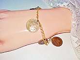 Gold Coins Charm Bracelet or Anklet Vintage Greek Coins Alexander the Great Good Luck Gypsy Hippie Boho Costume Jewelry