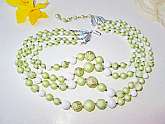 Multi Strand Bead Necklace Vintage Glittery Pale Green Gold Swirls Japanese Sugar Beads White Green Satin Mint cond Costume Jewelry