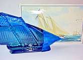 Avon America Schooner After Shave Vintage NIB Blue Glass Sailboat Collectible Decanter Full Spicy After Shave Men Cologne 4.5 oz