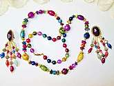 Multi Color Beads Necklace Earrings Set Vintage Boho Handmade Multi Shapes & Bright Colors Acrylic Long Beads Festive Costume Jewelry Set