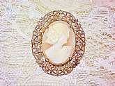 Gold Filigree Framed Carved Shell Cameo Brooch Vintage Pin Cream Pink Natural Shell Gatsby Girl & Flowers in Hair Mad men Brooch Pin Costume Jewelry Estate. This is a lovely hand carved shell brooch of a lovely Gatsby style lady, very detailed, with f