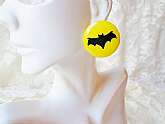 Halloween Earrings Black Bat Batman Sign Yellow New Vintage Fun Novelty Costume Jewelry Superhero Halloween Holiday Party Yellow Moon Black Bat Sign. These are a new pair of stud earrings, with a simple push on metal back. They are made of yellow plastic