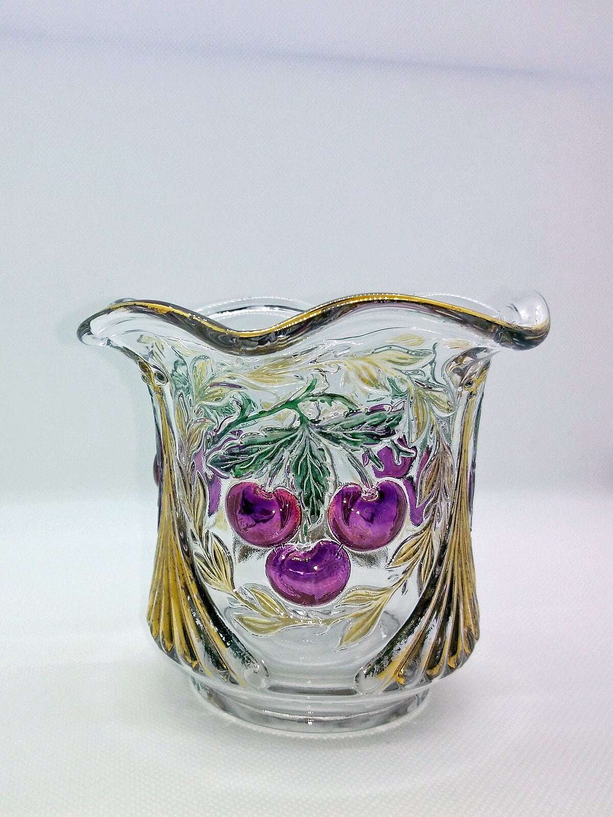 This vintage glass sugar dish is missing its creamer partner, but is still beautiful and could be used as a candy dish or small vase.  Georgeous cherry design with gold and green accents.  The Westmoreland logo is on the bottom - a 'W' in a circle.