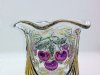 Beautiful glass sugar dish with purple cherries, green leaves and gold accents and trim.