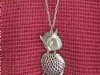 Vintage Silver Tone Owl Necklace 25" Gemstone Eye