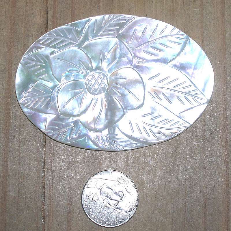 Gorgeous vintage carved mother of pearl belt finding, barrette base or cabochon ornament with lovely flower and leaf motif.  It is huge at 3 x 2 inches and is 3 dimentional, not just carved into the piece but raised as well.  This would be great for a bri