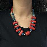 Fabulous vintage artisan made heavy silver coral turquoise gemstone bead necklace in the Southwestern or Native American style. Not sure who made this but it is beautiful with the large dyed or natural red coral beads accented with lovely turquoise beads