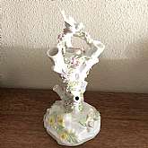 Gorgeous RARE Belleek fine porcelain bird stump vase that is nearly vintage.  These are rarely available for sale and is a wonderful classic Belleek piece.  There are pink porcelain flowers and leaves all over  the vase with one bird standing on top.  The