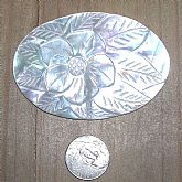 Gorgeous vintage carved mother of pearl belt finding, barrette base or cabochon ornament with lovely flower and leaf motif.  It is huge at 3 x 2 inches and is 3 dimentional, not just carved into the piece but raised as well.  This would be great for a bri