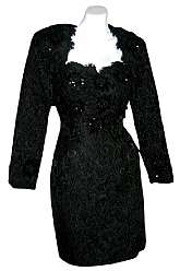 Off the chart vintage couture strapless bustier lace dress and matching bolero jacket adorned with sequins and beads. The fabric is a fabulous highly raised black on black brocade. Everything about this outfit is perfection from the styling to the scallop
