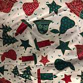 Beautiful gold metallic accented cotton Christmas fabric "Tis The Season” a Joanns exclusive.  The fabric has lovely wrapped Christmas trees, candles, pears, bells and stars in red, green and gold on a medium cream ground - darker t