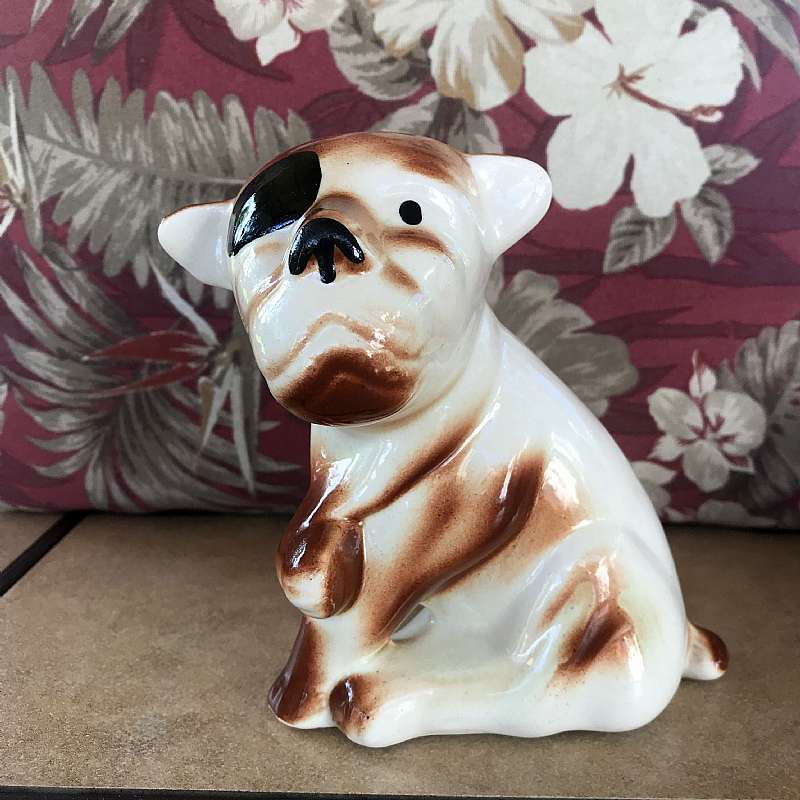 Vintage Ceramic Dog with Patch Over One Eye Brown White - 1940's
