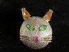 Silver metal cat brooch with rhinestones