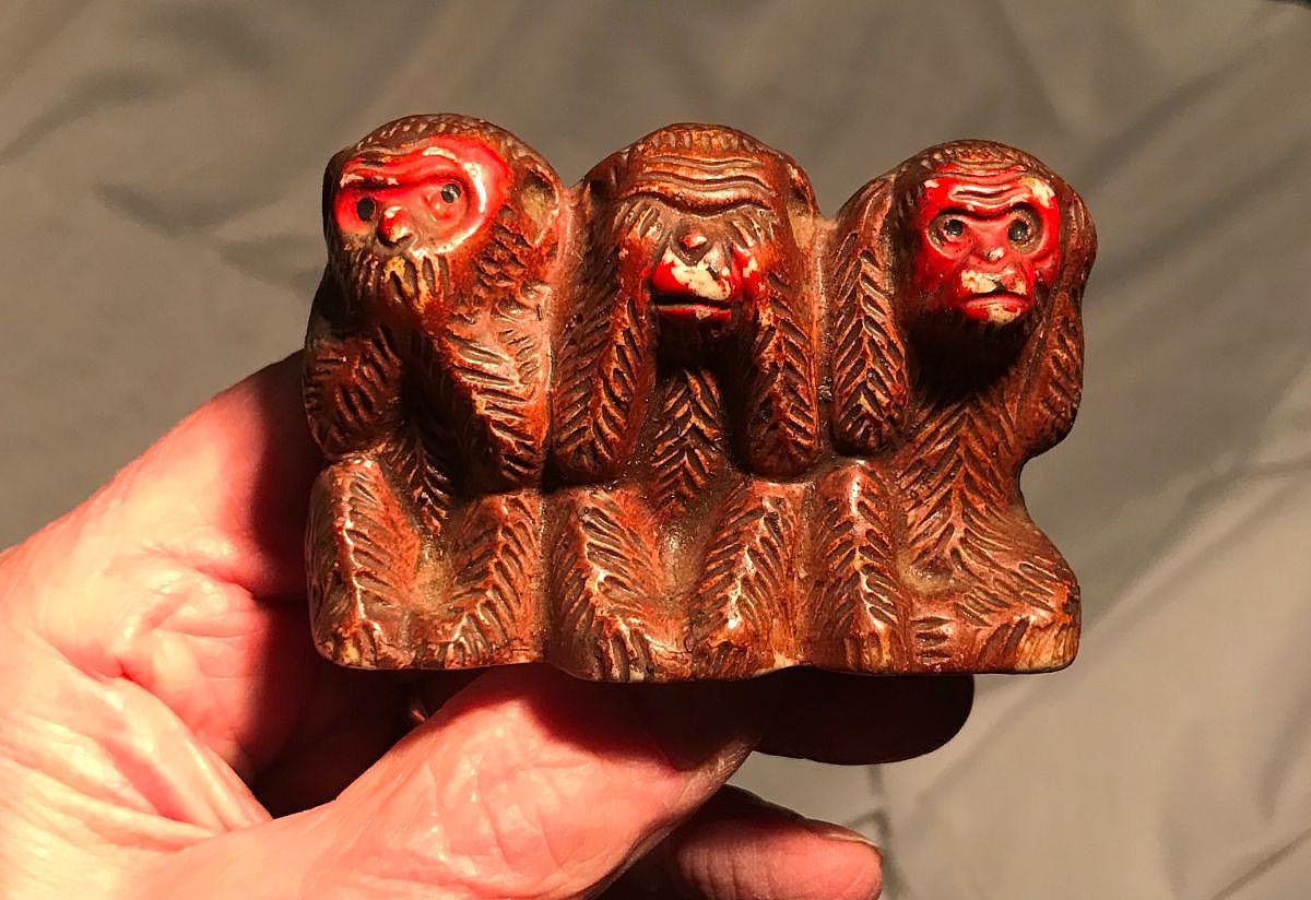 "Monkey see, hear, speak no evil" refers to the famous Japanese proverb and imagery of the Three Wise Monkeys representing the principle of avoiding evil by not seeing, hearing, or speaking it, symbolizing moral purity and discretion.