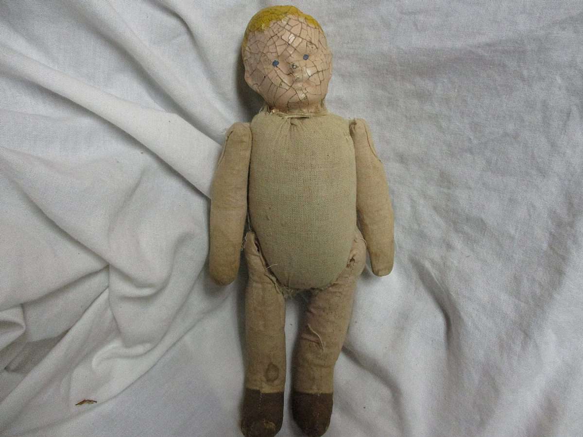 Antique 1900's Carnival & Novelty Boy Doll With Composition Head And Hay  Filled Cloth Body