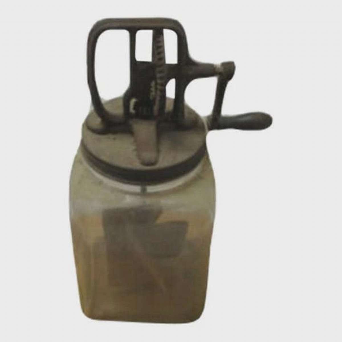Vintage 4 Quart Butter Churn Metal Crank Wood Paddles Square Glass Jar Antique. There was No date or brand on this glass butter churn. This is marked on bottom of glass butter churn: 8K42449 and stamped with a capital letter A This item came fresh from a