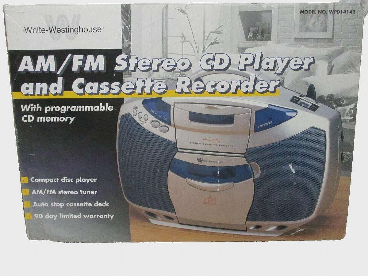 New old stock and in original factory box never used. Vintage 1999 Rare Item.White Westinghouse 1999 AM/FM Stereo CD Player Cassette Recorder Model WPD14142.The White Westinghouse 1999 AM/FM Stereo CD Player Cassette Recorder Model WPD14142 is a vintage