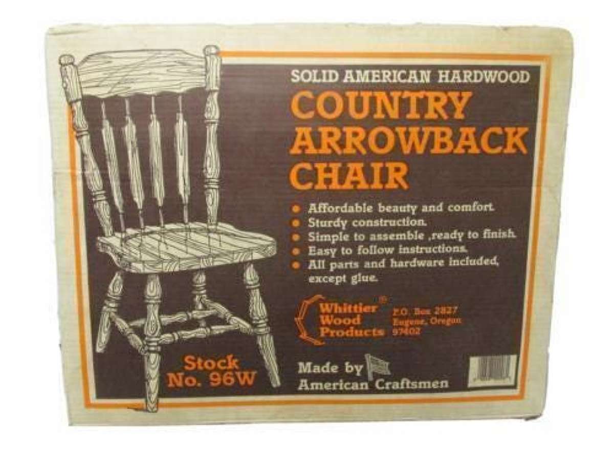 New in original factory box.New old stock.The "Country Arrowback Chair" is a handmade, solid American hardwood chair that comes in an unfinished kit. This antique-style chair features a country charm and is made by the manufacturer Whittier. The