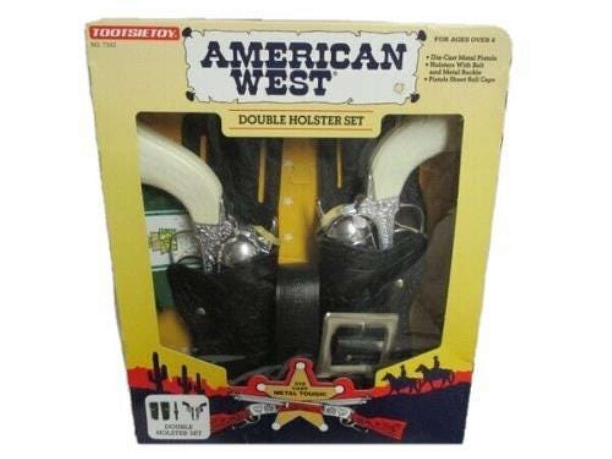 DescriptionShow LessVintage 1995 Tootsie Toy American West Double Holster Die Cast Gun Set. This item is in its original factory box and the item was never removed from the box. NEW OLD STOCK ITEM Material: Die cast and Leather Size: Standard full siz