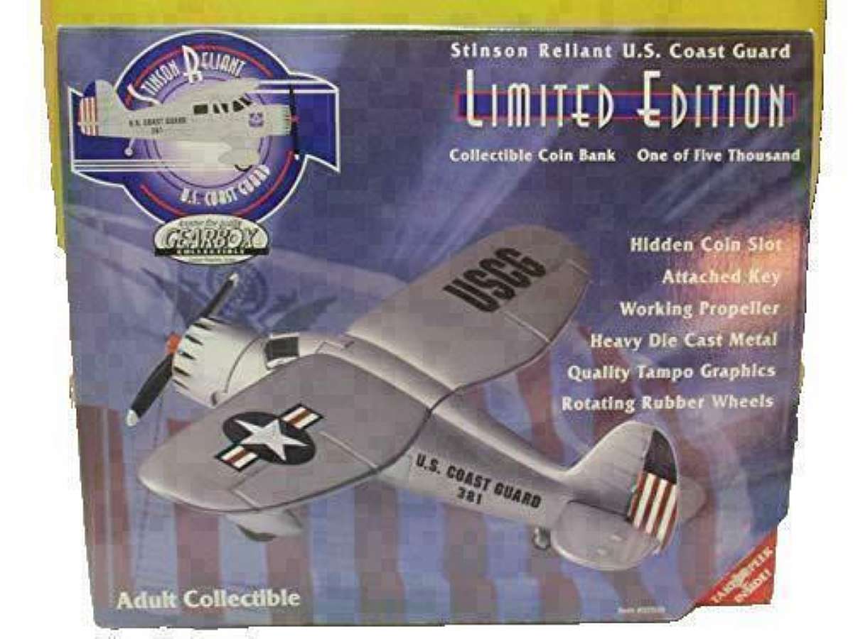 Collectible Airplane Bank.The Gearbox Stinson Reliant U.S. Coast Guard Airplane Die Cast Coin Bank is a vintage collectible featuring a detailed replica of a Stinson Reliant airplane in diecast material. This unique coin bank is a part of the vintage manu