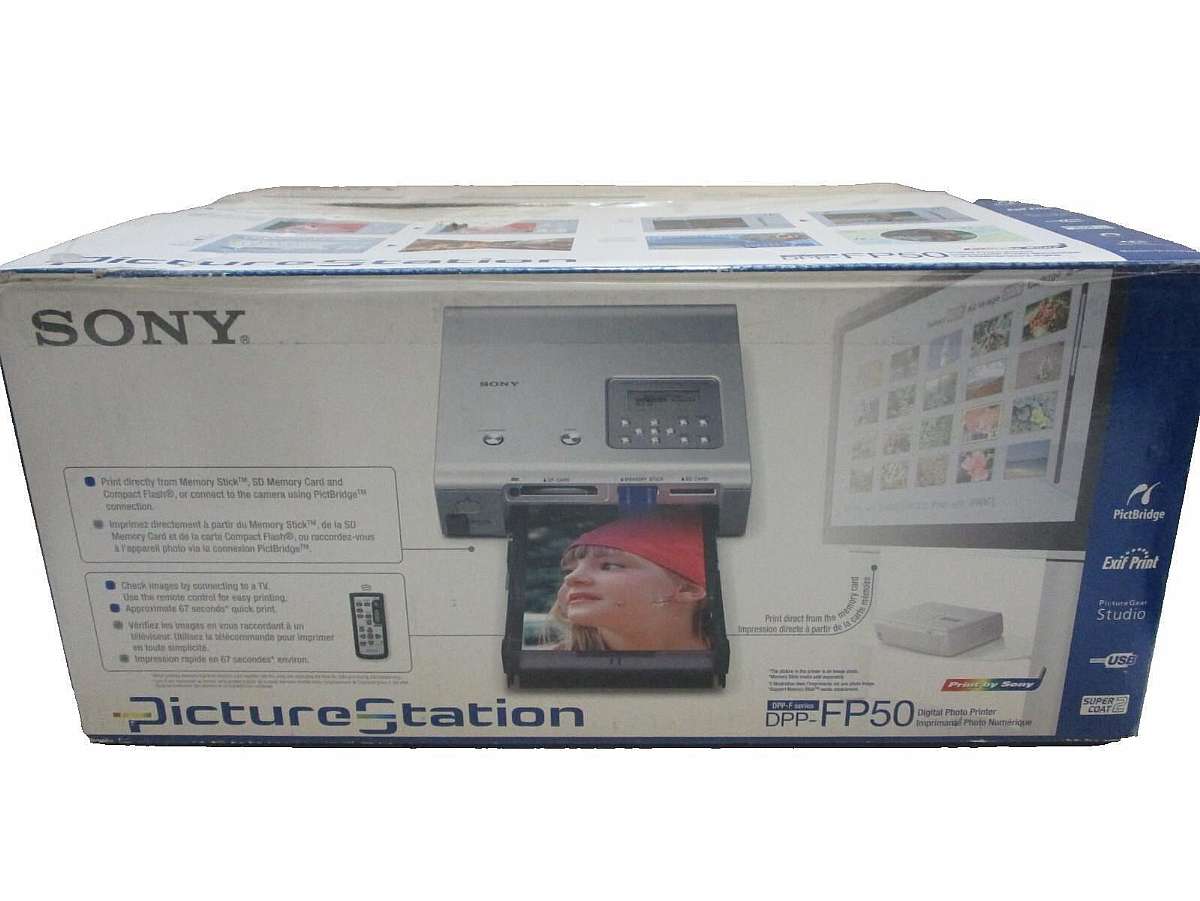 Sony digital photo printer.In factory box but box not in perfect condition. Inside the box includes Photo station,paper tray,operating instructions,Ac adapter,Ac power cord,Video connecting cable and Remote commander.Â part_number: FP50 * Br